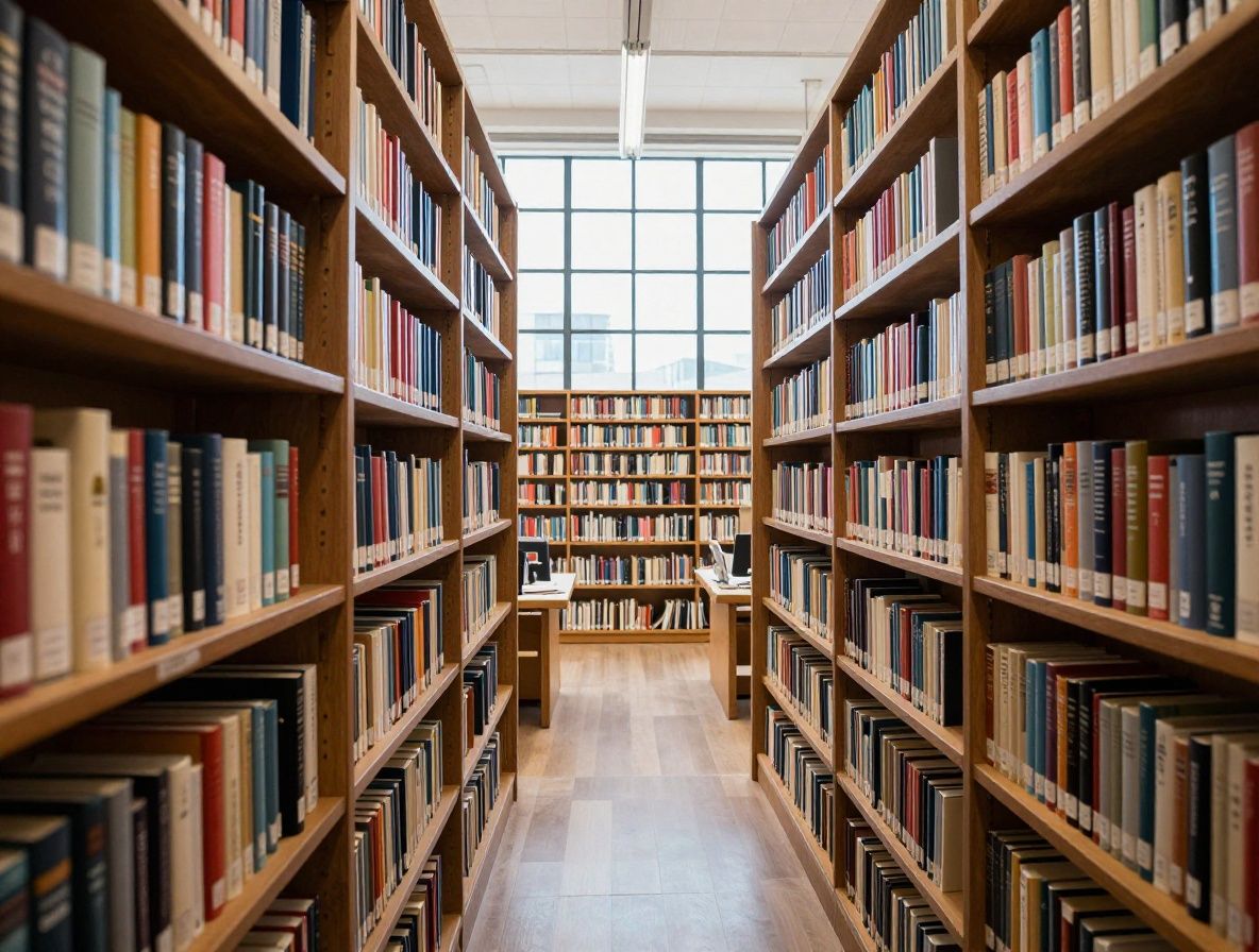 Bibliothèque de recherche avec rangées de livres scientifiques, lumière naturelle entrant par de grandes fenêtres, ambiance studieuse et institutionnelle