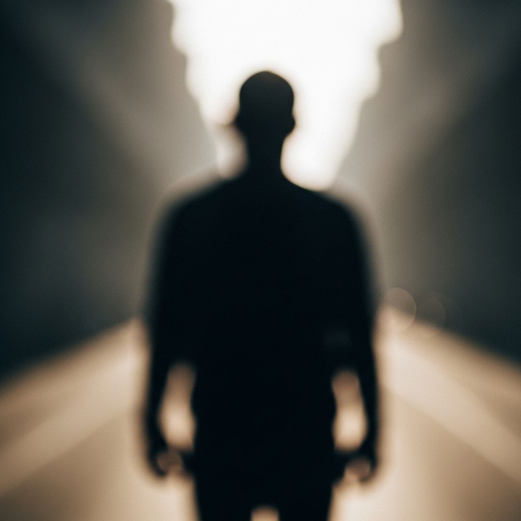 Silhouette floue d'une personne courant au petit matin dans une forêt de pins, rayons de lumière dorée traversant les arbres et créant une atmosphère cinématographique, sol tapissé de feuilles humides