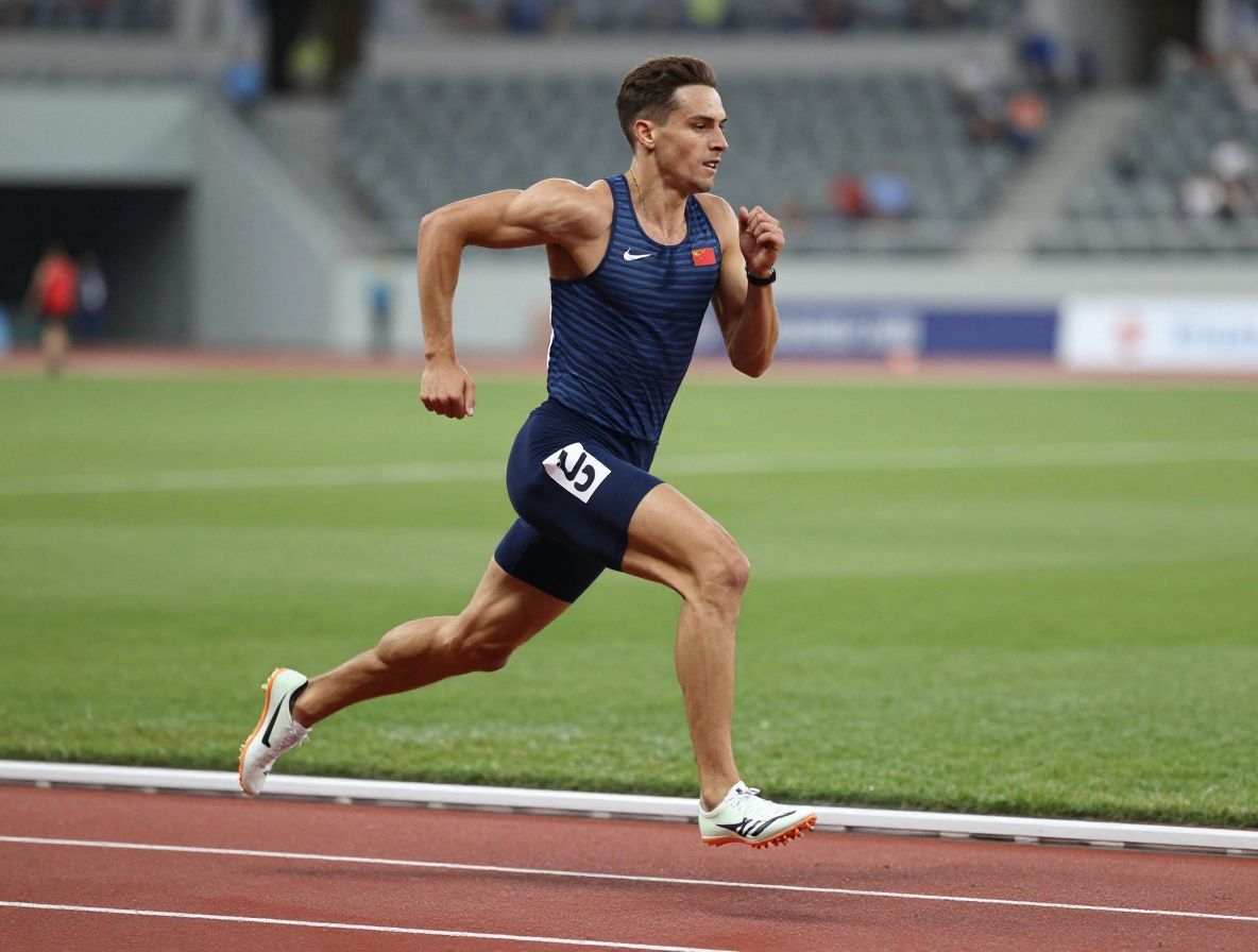 Athlète en pleine course sur une piste d'athlétisme, mouvement dynamique capturé avec une profondeur de champ sélective et une lumière latérale dramatique