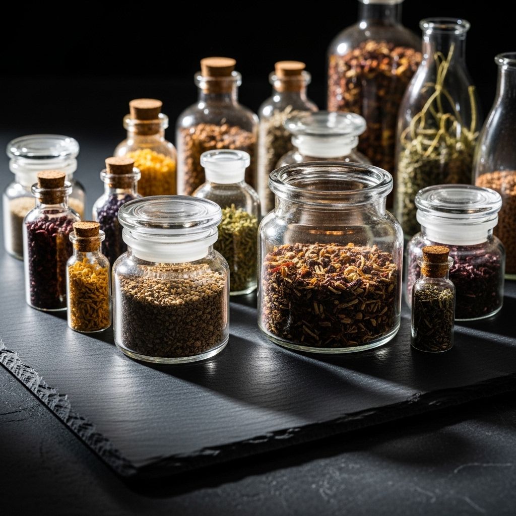 Assortiment de flacons et bocaux en verre translucide contenant des poudres naturelles et des extraits de plantes séchées sur une surface en ardoise noire, éclairage latéral dramatique avec ombres longues, atmosphère de laboratoire de recherche botanique
