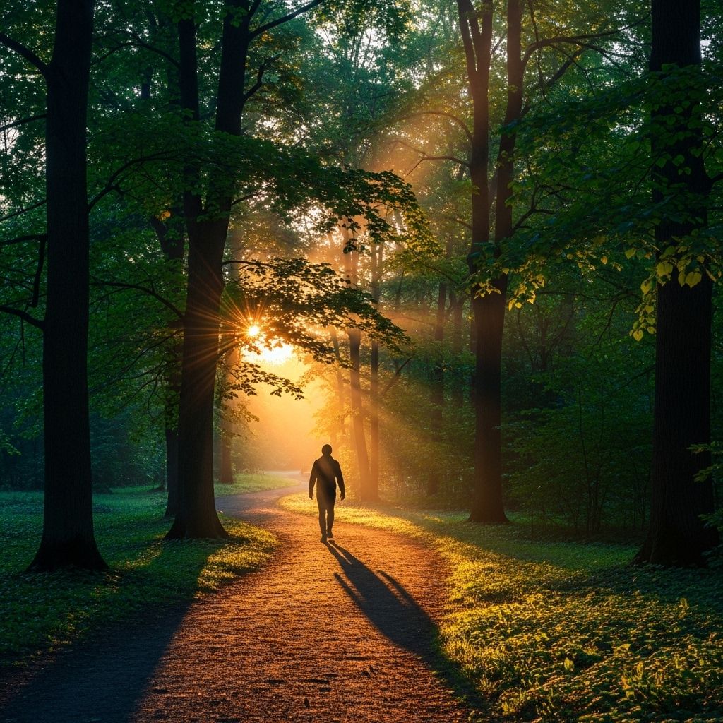 Personne marchant seule au lever du soleil dans un parc forestier verdoyant, silhouette baignée d'une lumière dorée matinale filtrant entre les arbres, atmosphère de sérénité et d'élan naturel