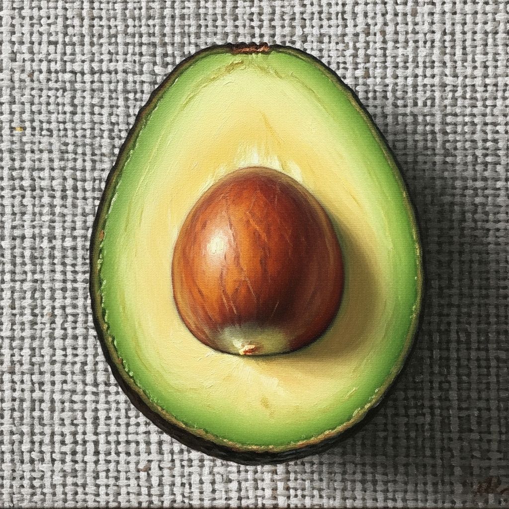 Demi-avocat tranché avec noyau visible sur fond de tissu texturé naturel, huile d'olive dorée dans un petit bol et noix variées éparpillées, composition sobre aux couleurs neutres et organiques