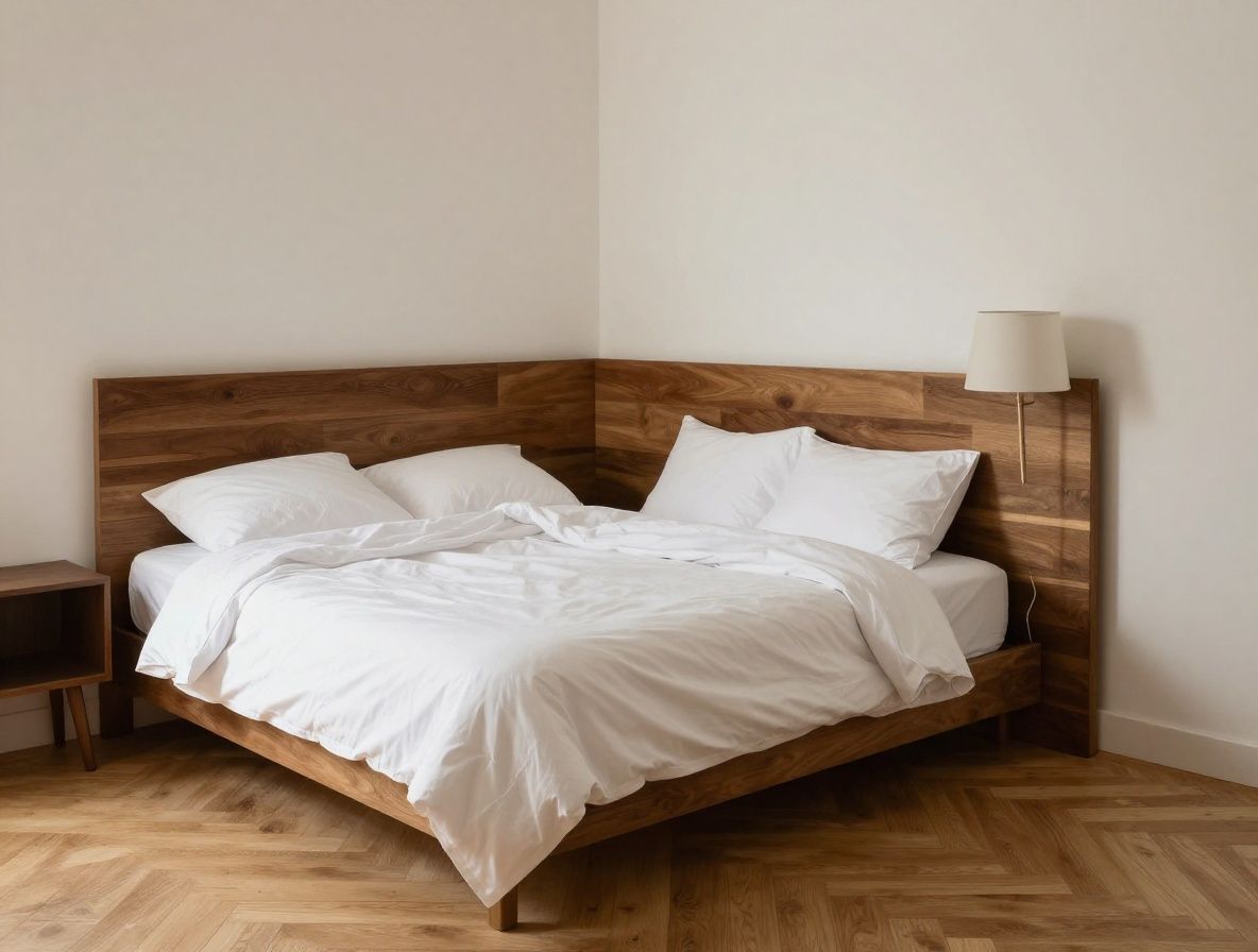 Chambre tranquille avec lumière tamisée dorée en soirée, draps blancs et atmosphère de repos profond, composition architecturale calme
